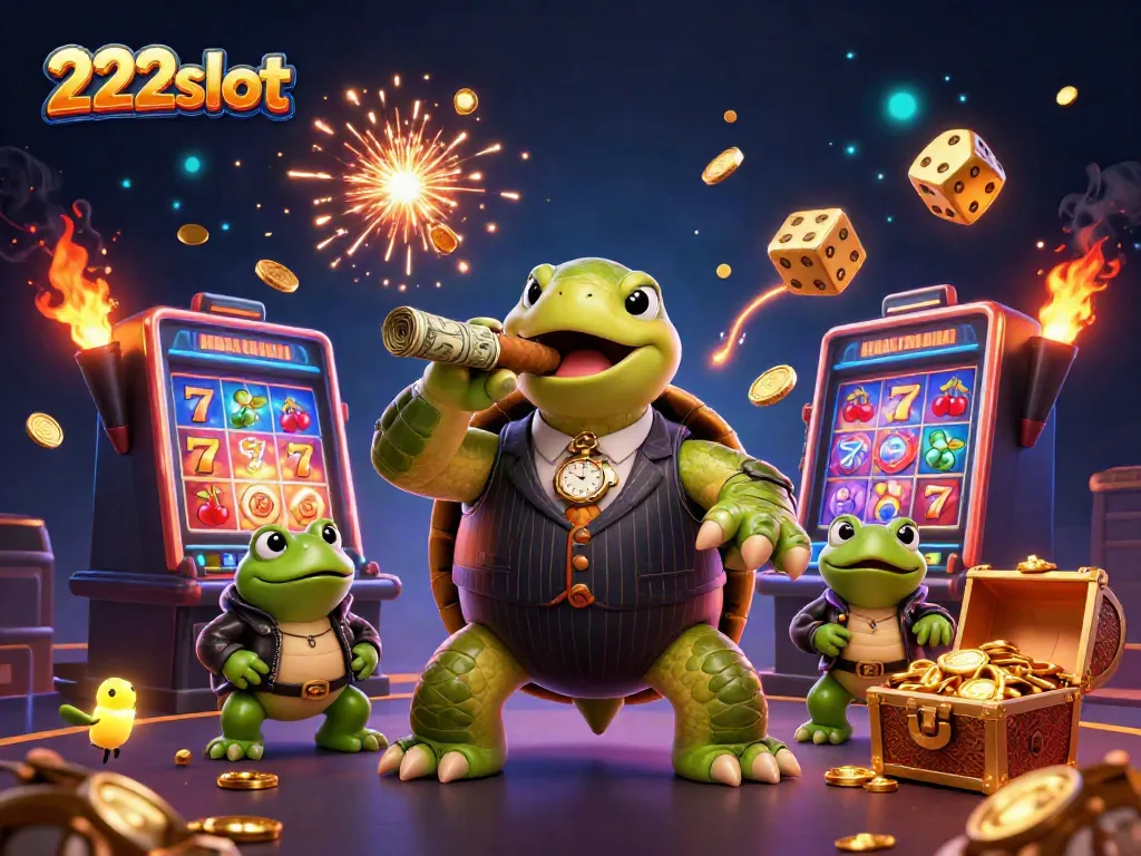 Gambarkan suasana perjudian menarik dengan 222slot dalam ilustrasi 3D yang penuh aksi dan warna.