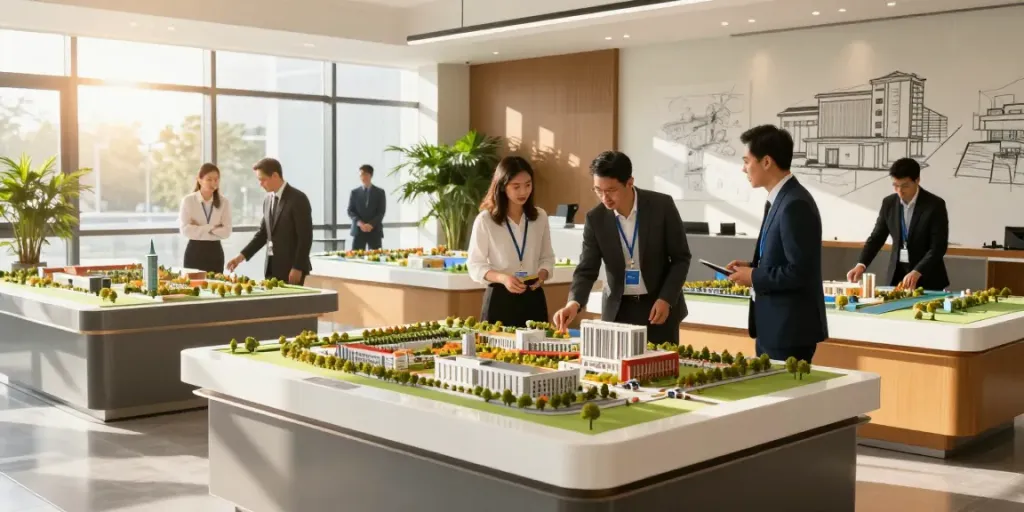 Real estate models showcased in a modern office, highlighting architectural details and vibrant colors.