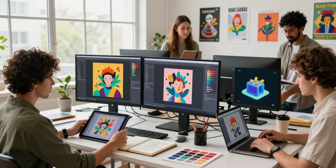 Artists collaborating in a digital studio using Nano Banana 2 for AI image generation, highlighting creativity and innovation in art.