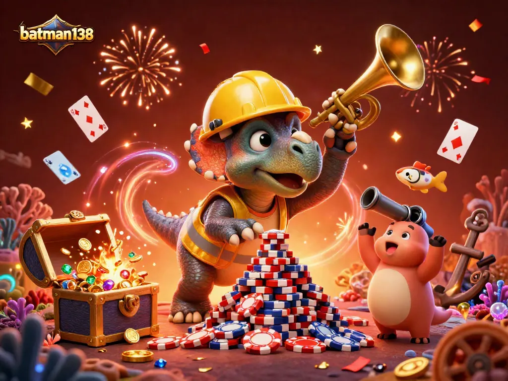 Permainan batman138 memukau di kasino dengan triceratops membangun tumpukan chip poker.