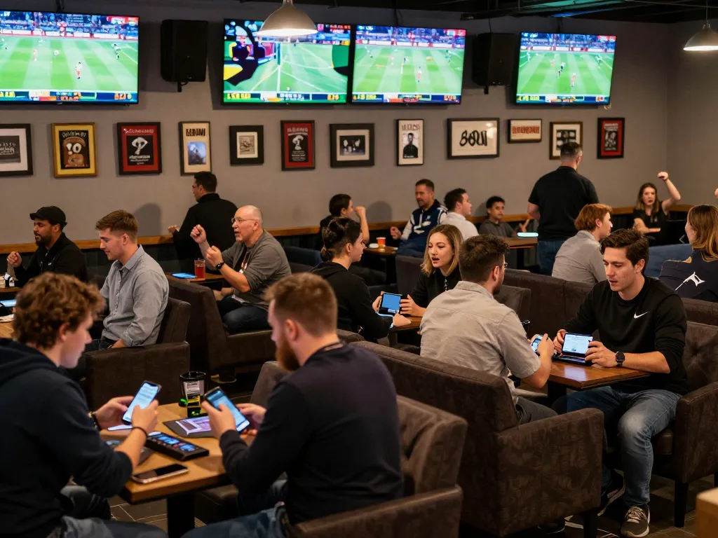 Fans engaging in sports betting at 888vnd, showcasing excitement in a lively lounge.