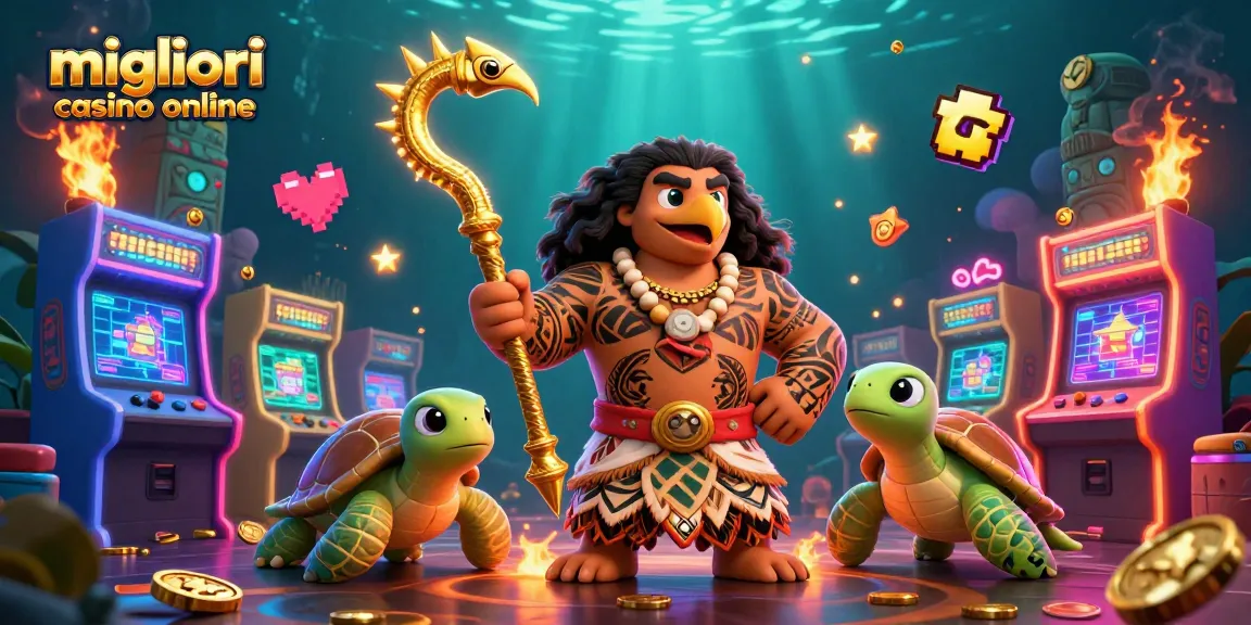 Gioca nei migliori casino online con un demigod hawaiano e tiki in un'illustrazione 3D colorata.