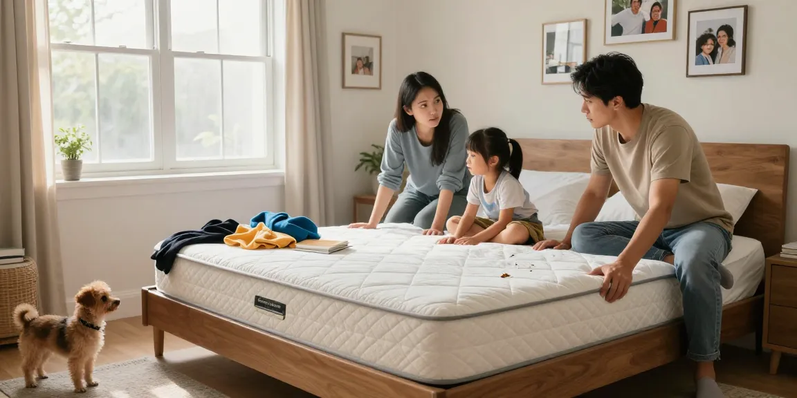 Engaged family inspecting bed for bed bug exterminators in their cozy home.