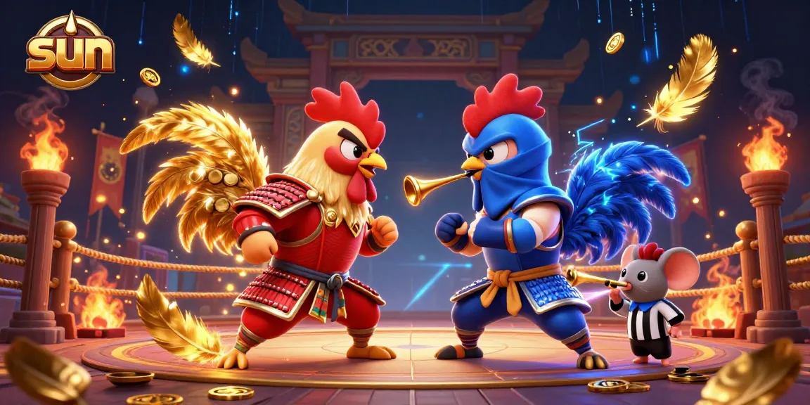 Witness a thrilling duel between roosters in samurai and ninja gear at the sun-themed casino arena.