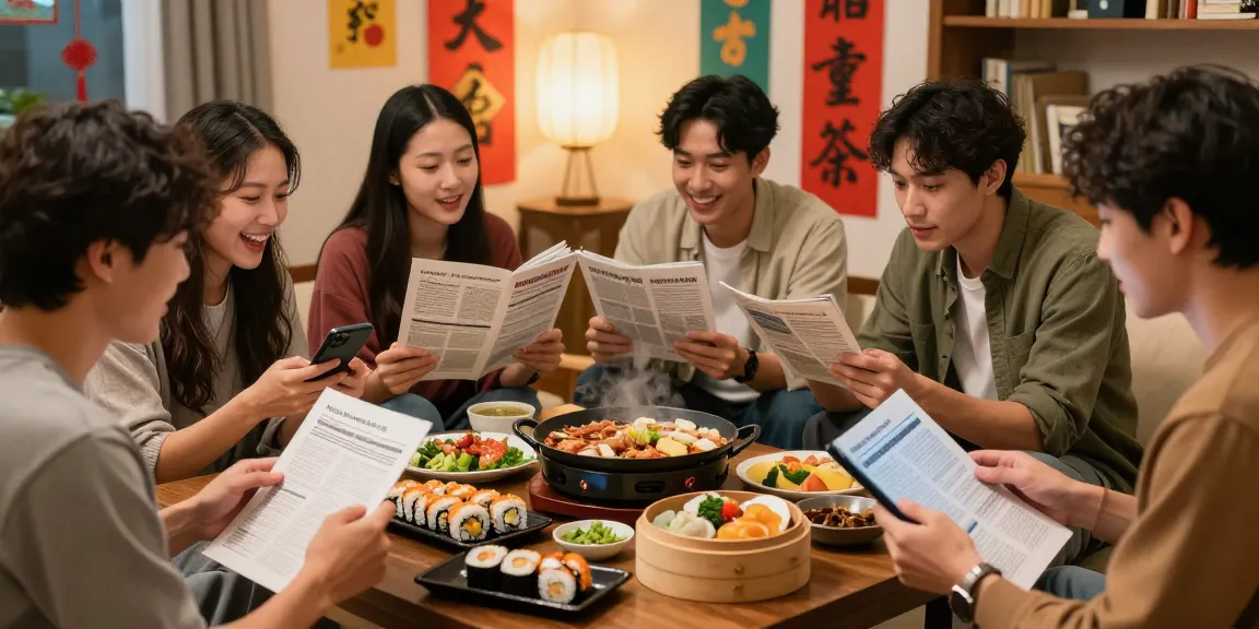 Gathering friends enjoying Asian cuisine while reading articles from https://hanadultalk.com in a cozy setting.