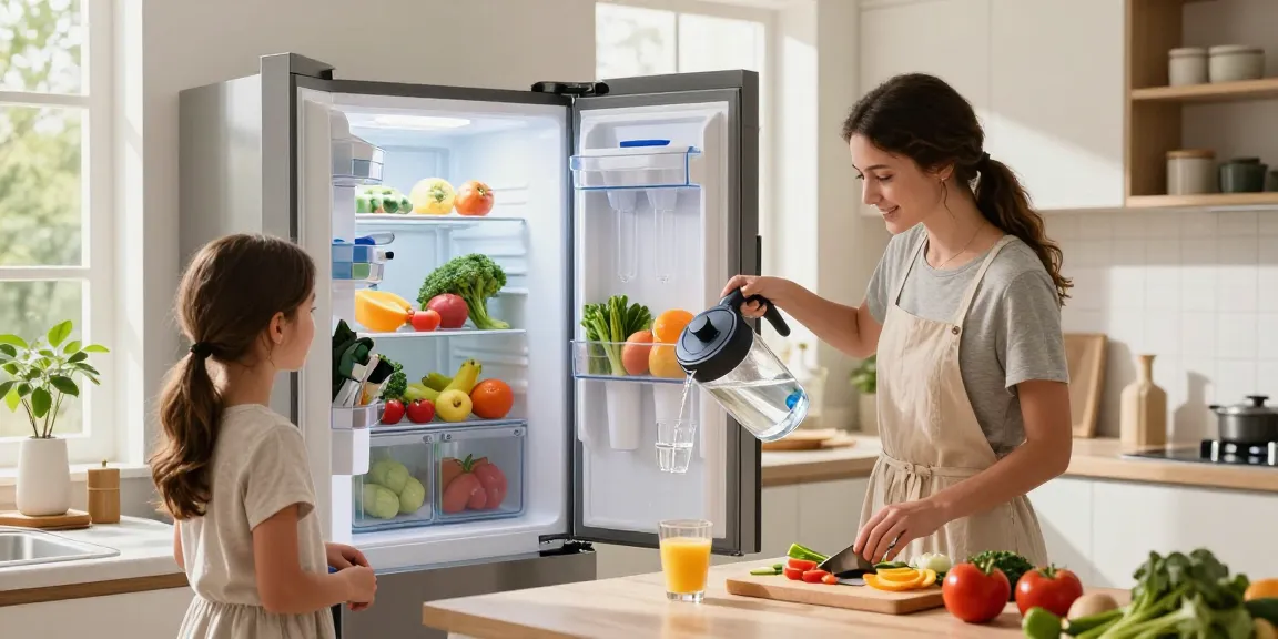 Waterdrop Plus ADQ73613401 NSF 401&53&42 Certified Refrigerator Water Filter providing pristine water while family prepares healthy meal in bright kitchen.