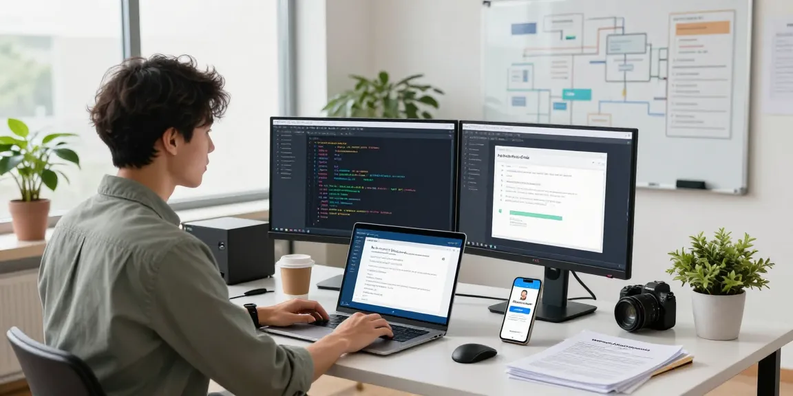 Integration of an age verification system in a tech office showing a software engineer at work.