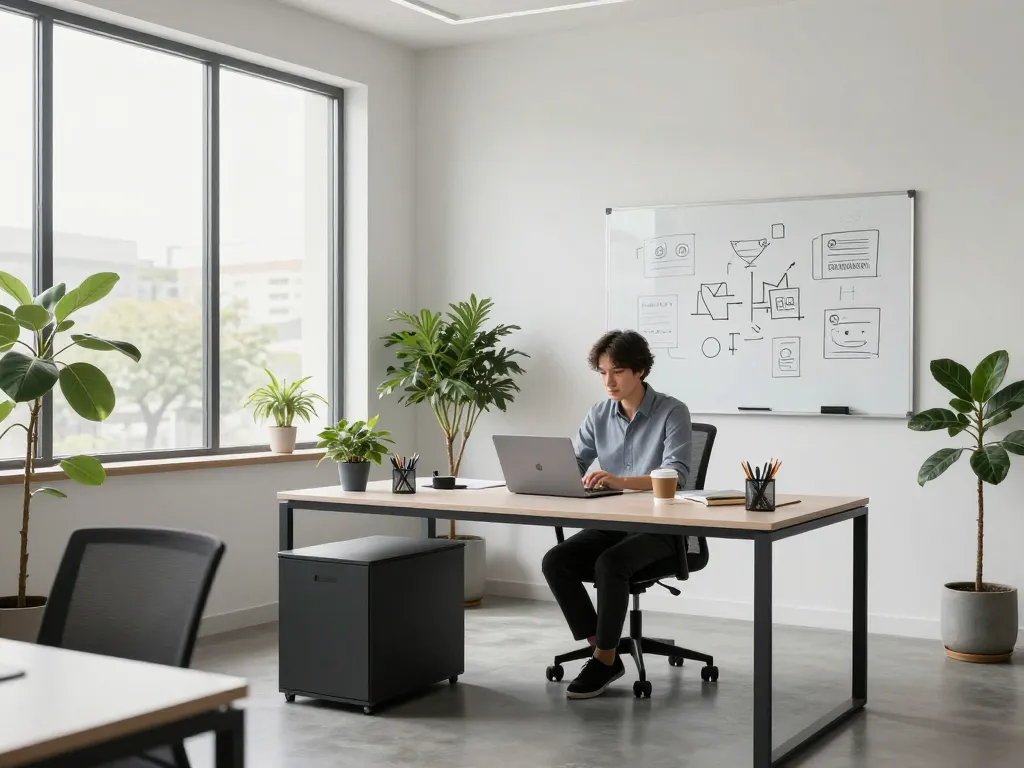 Modern office interior design showcasing a stylish workspace, emphasizing minimalism and functionality, illustrating รับตกแต่งภายใน with elegant furniture and natural light.