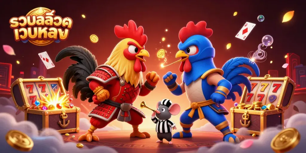Engage with รวมสล็อตเว็บตรง's exciting scene of fighting roosters amidst vibrant slot reels and casino elements.