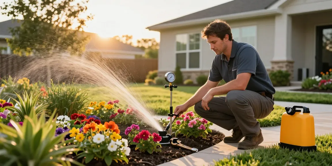 Professional Irrigation Services in Haslet, TX with a technician inspecting a vibrant garden and irrigation system tools in hand.