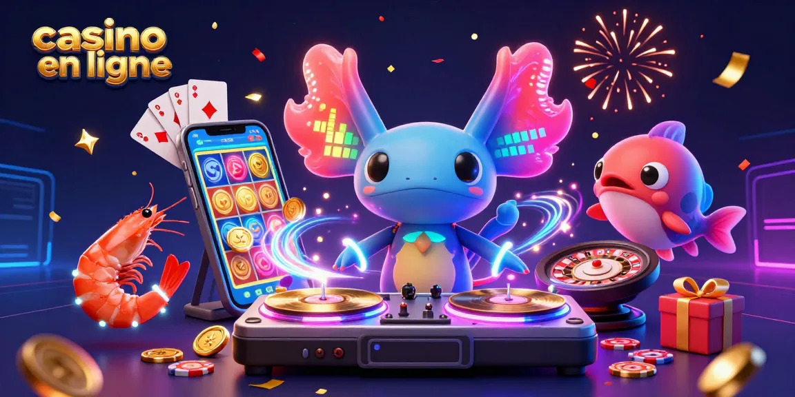 Découvrez le casino en ligne avec ce DJ axolotl entouré de danseurs et d'éléments de jeu vibrants.