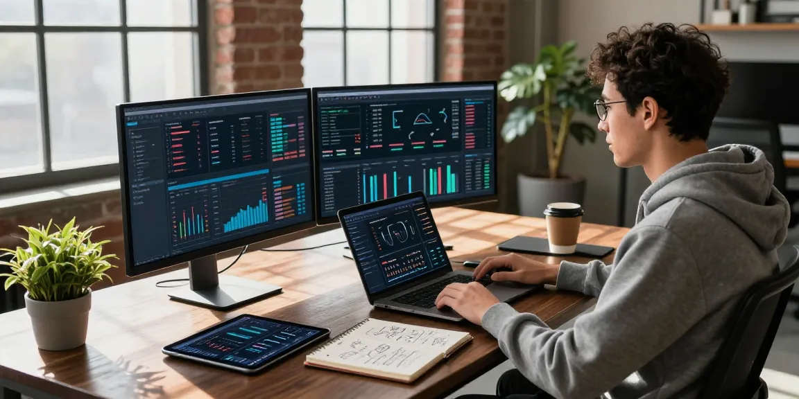 Data analyst working at telegraimin.com in a modern tech workspace with analytics on screens.