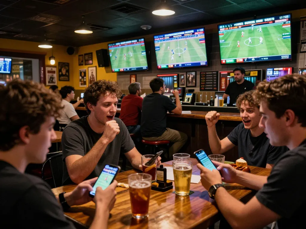 Kèo nhà cái live betting scene in a sports bar with fans cheering and mobile betting