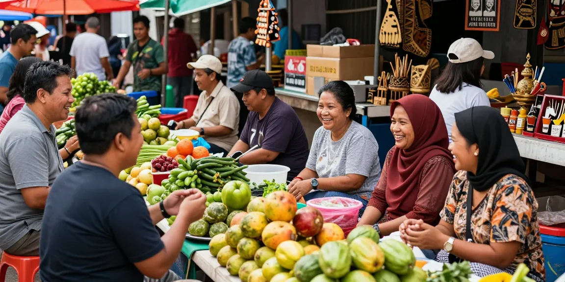 Suasana pasar lokal yang hidup dengan Leci123 sebagai pusat cerita komunitas dan interaksi masyarakat.