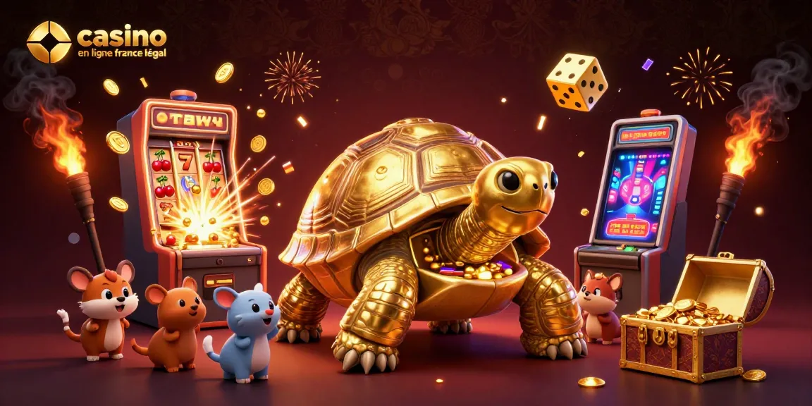 Jouer au casino en ligne France légal avec une illustration dynamique et colorée de jeux de casino en 3D.