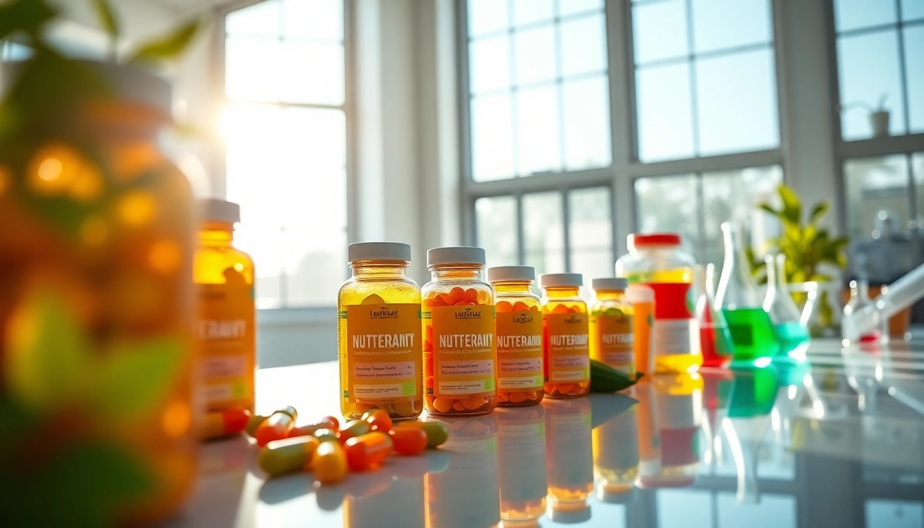 Promote GMP certified supplement with vibrant nutrient bottles in a clean lab environment.