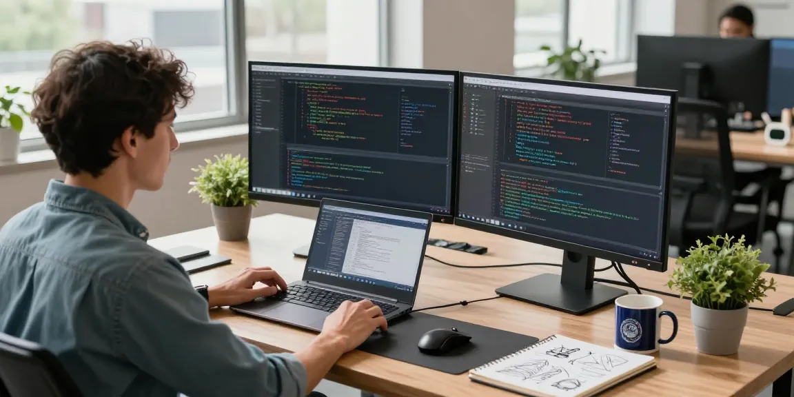 Pengembang perangkat lunak di https://predictplay.io/ dengan dua monitor, menciptakan suasana kerja modern dan produktif.