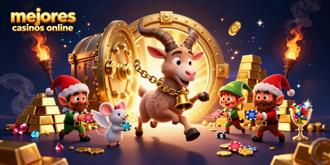 Ilustración de los mejores casinos online con un Krampus corriendo un casino festivo y un ratón ángel organizando caos.