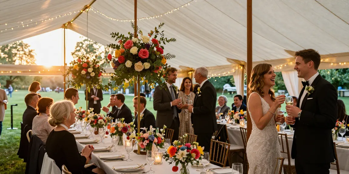 Marquee hire London for a romantic outdoor wedding, elegantly set with floral decor.