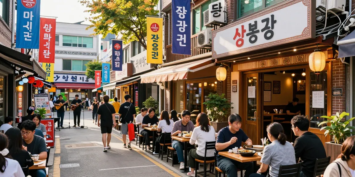 Dynamic street scene at 상봉동 한국관, showcasing lively dining atmosphere and community interaction.