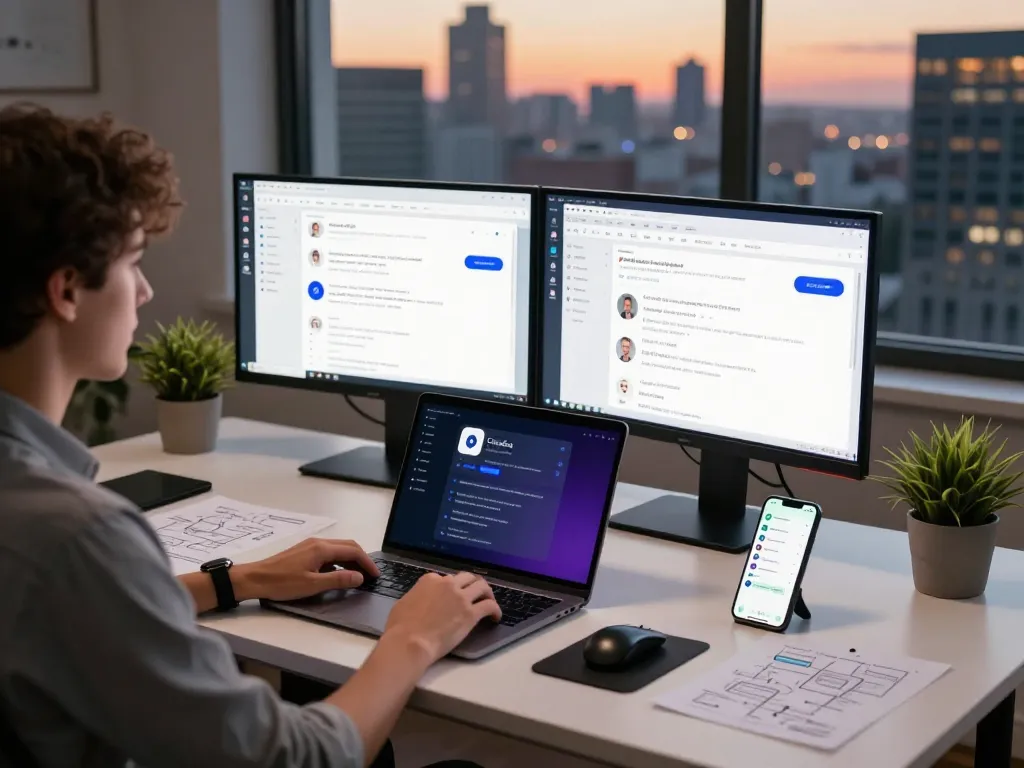 Workspace featuring ClawdBot AI assistant on multiple screens, showcasing integration and productivity.