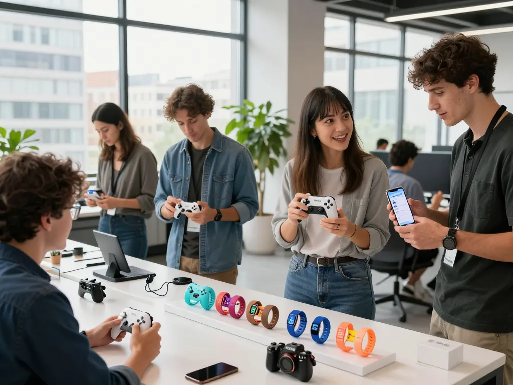 Showcasing the top 10 tech gadgets 2052, including the 8BitDo Ultimate 2 controller and Chef iQ Sense, in a bright modern office.