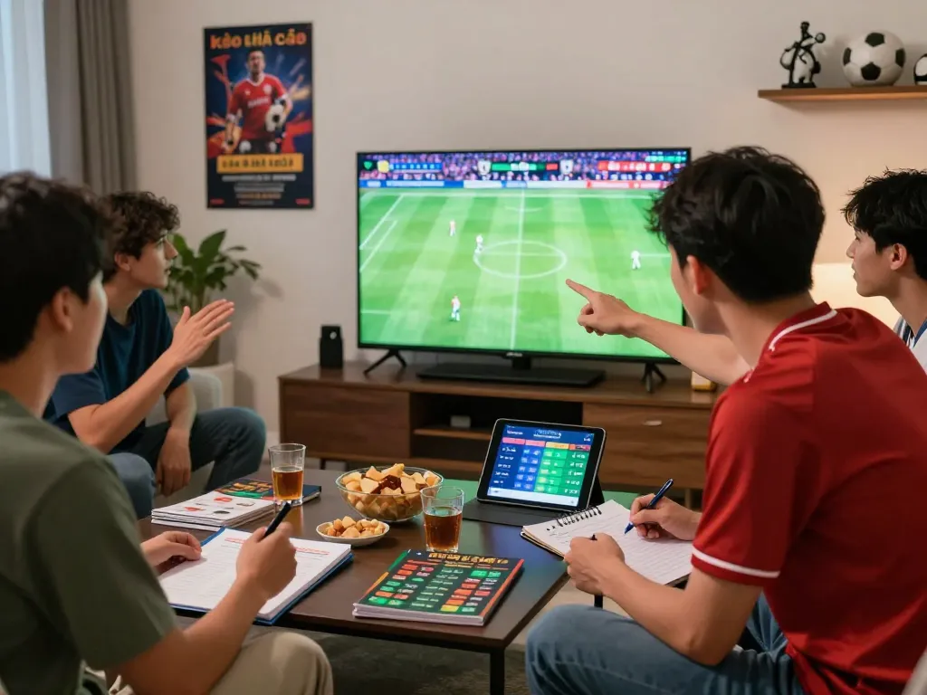 Group of friends excitedly discussing kèo nhà cái while watching a live football match in a vibrant living room.