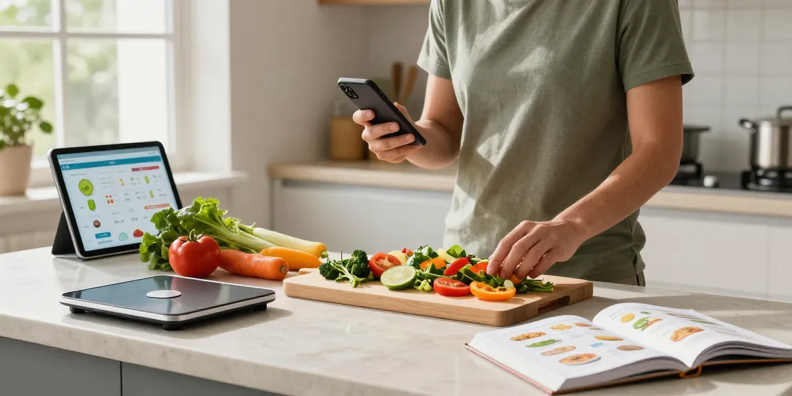 Person using the best nutrition tracking app in a modern kitchen while preparing a healthy meal.