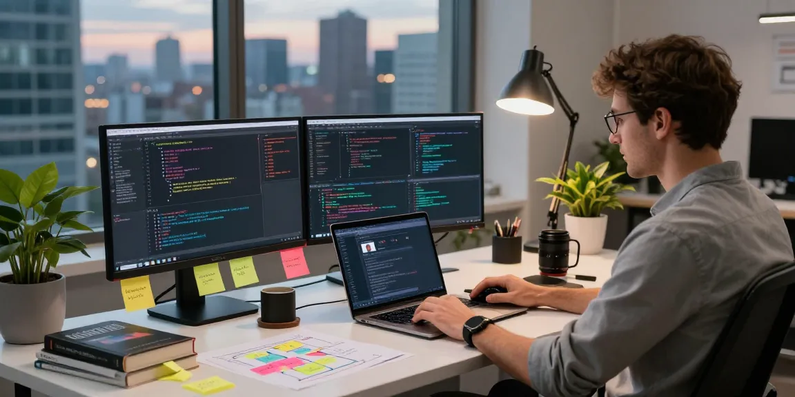 Innovative workspace featuring NAGA2000 coding environment, software engineer at multiple monitors