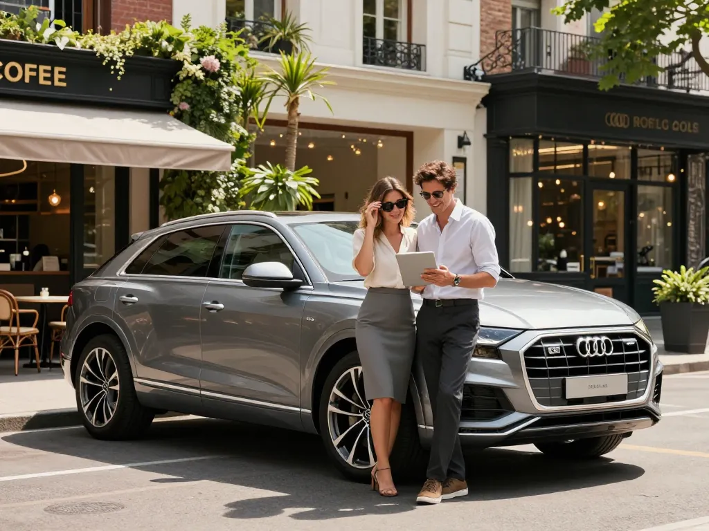 Trải nghiệm cho thuê xe ô tô hạng sang với một chiếc Audi Q8 trong bối cảnh đô thị sôi động, mang đến sự sang trọng và tinh tế.