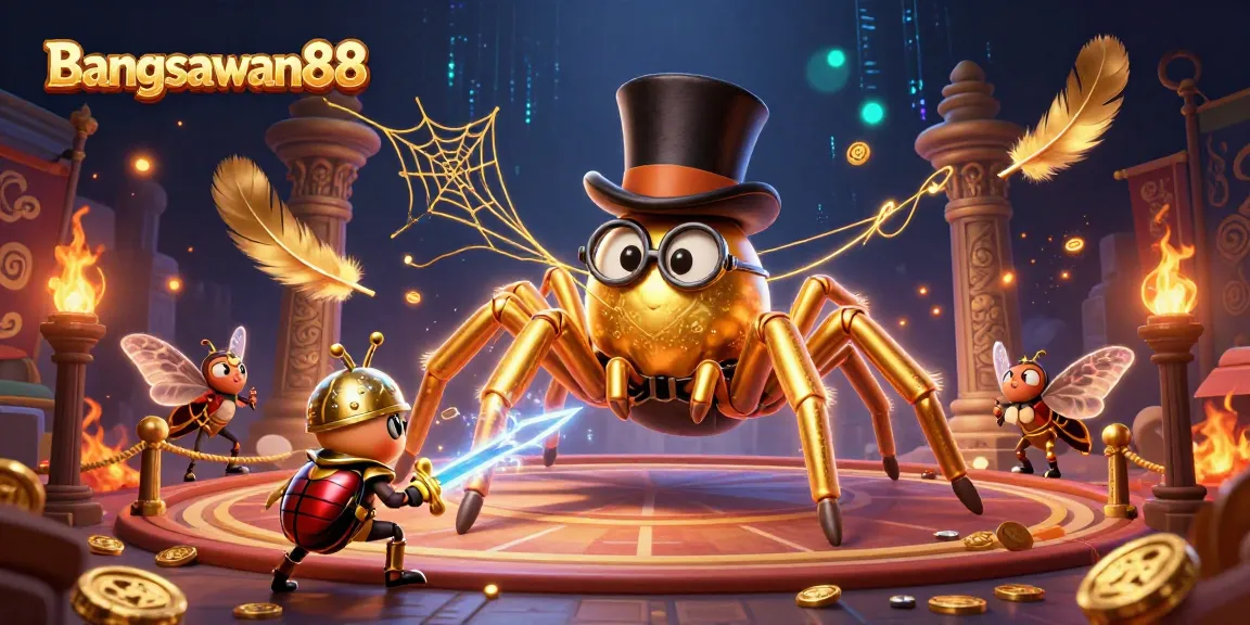 Bangsawan88 entices players with a vibrant scene of a golden tarantula weaving excitement amidst an animated casino ambiance.