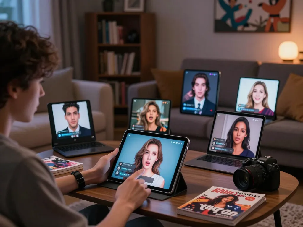 Engaging scene of a user exploring AI chat porn interactions with character avatars in a cozy setting.