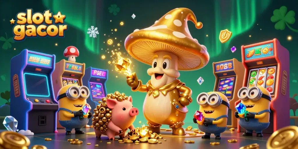 Engage with the exciting world of slot gacor, featuring a golden mushroom wizard, treasure-seeking pig, and vibrant slot elements.
