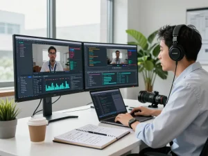 Professional workspace for video to prompt ai analysis with high-tech tools