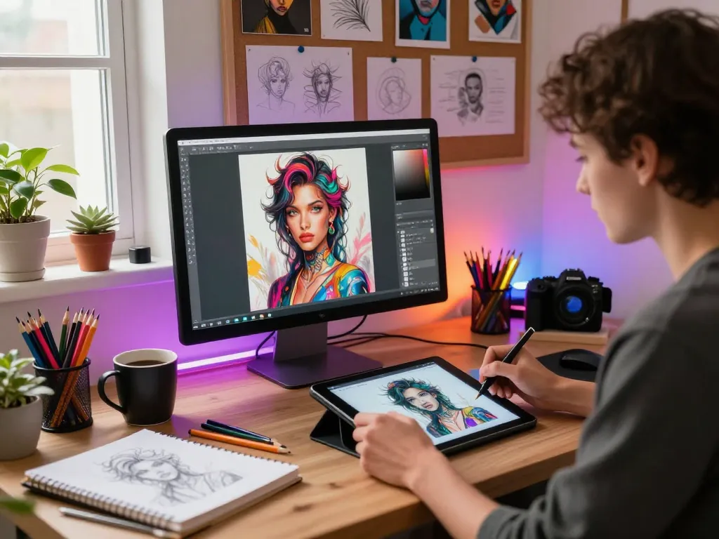 Creating innovative NSFW AI art in a cozy studio with digital tools.