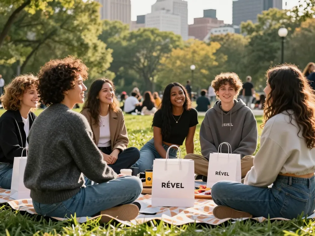 Fashionable group enjoying revelcollective.myshopify.com products in a vibrant urban park.