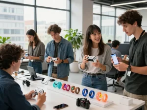 Showcasing the top 10 tech gadgets 2052, including the 8BitDo Ultimate 2 controller and Chef iQ Sense, in a bright modern office.