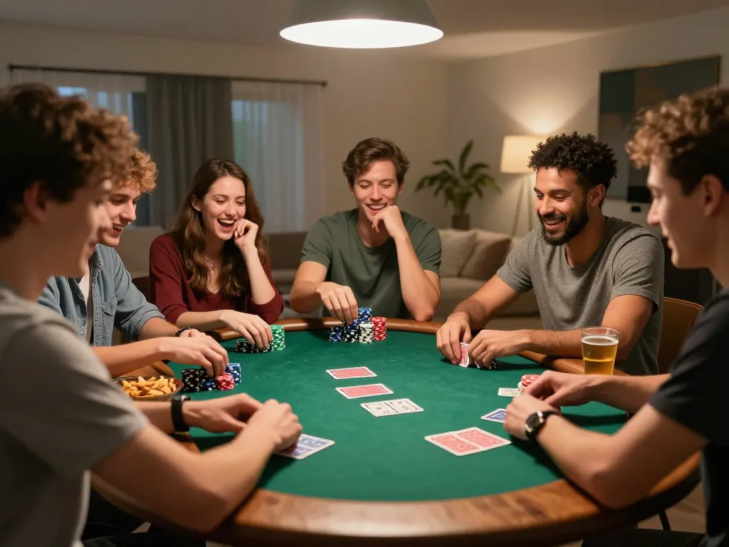 Pajaktoto players enjoying an exciting home poker game with vibrant chips and cards