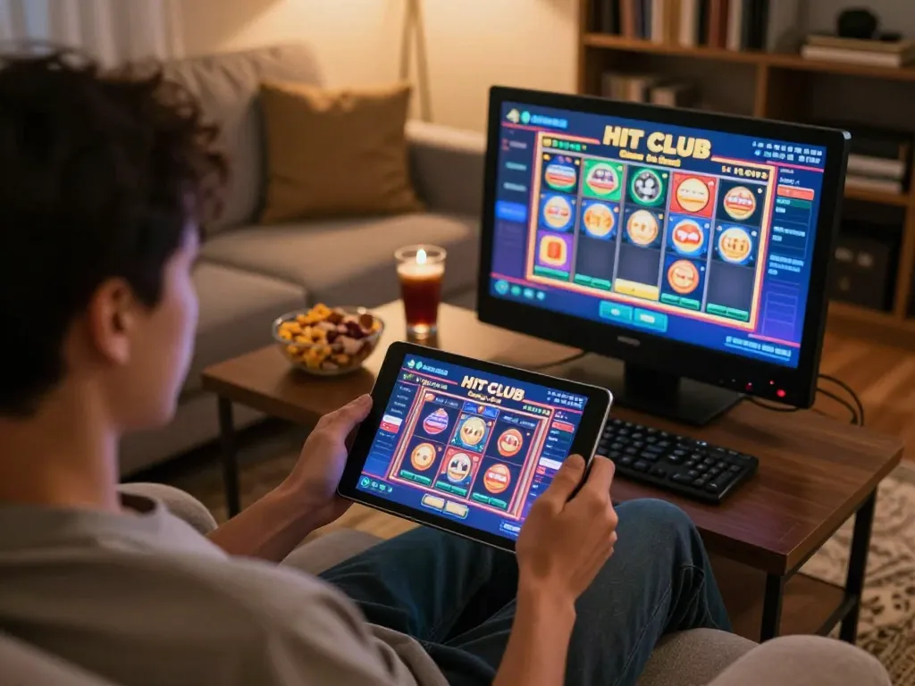 Engaging gameplay at hit club online casino on a tablet in a cozy home setting