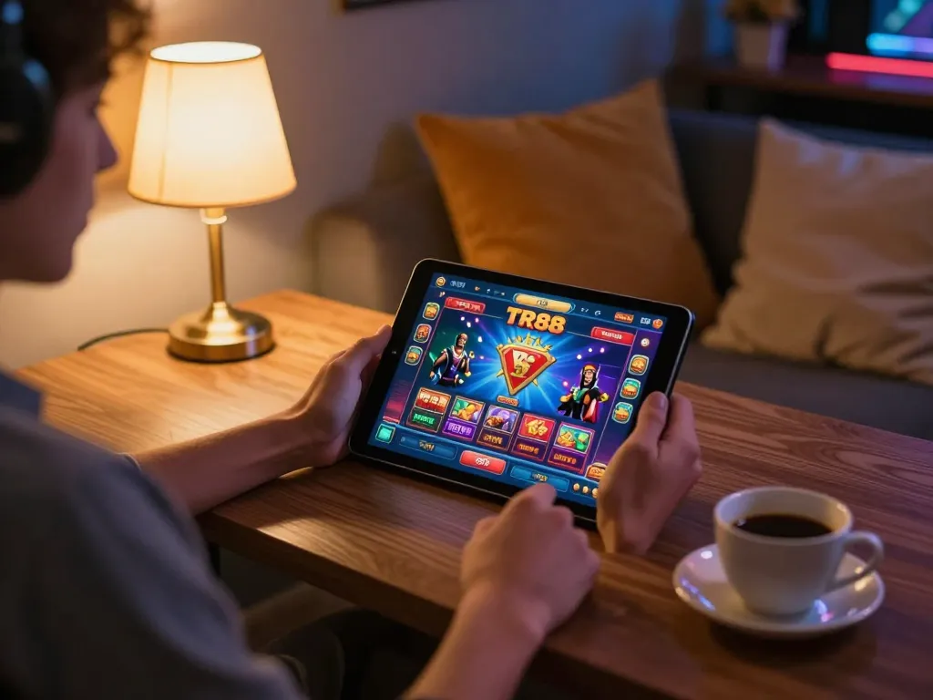 Engaging with TR88 casino platform on a tablet in a cozy gaming setup.