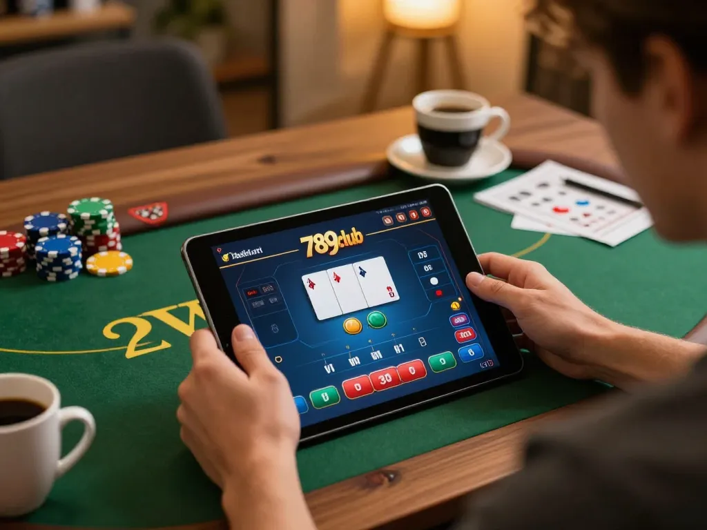 Engaged player strategizing while playing poker on 789club mobile app during online gaming session.
