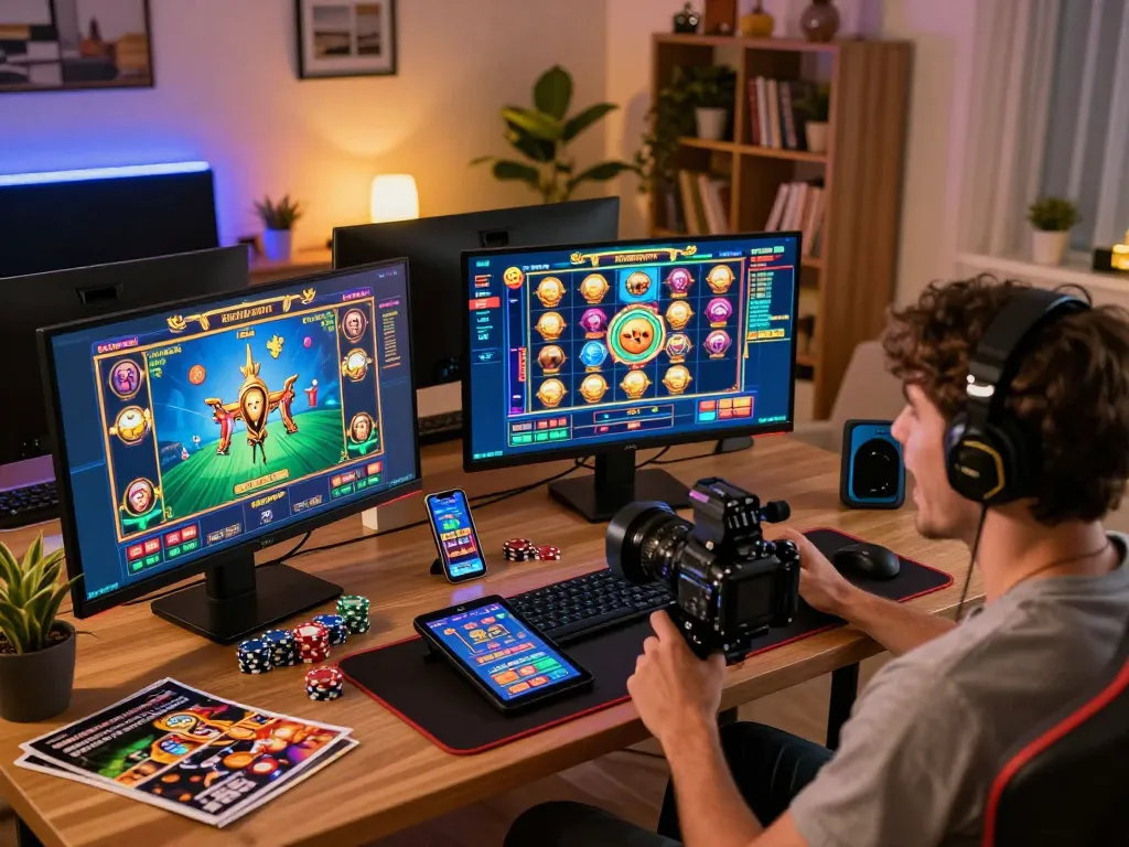 Engaging in Game bài nổ hũ on multiple screens with vibrant slot graphics and personal touches.
