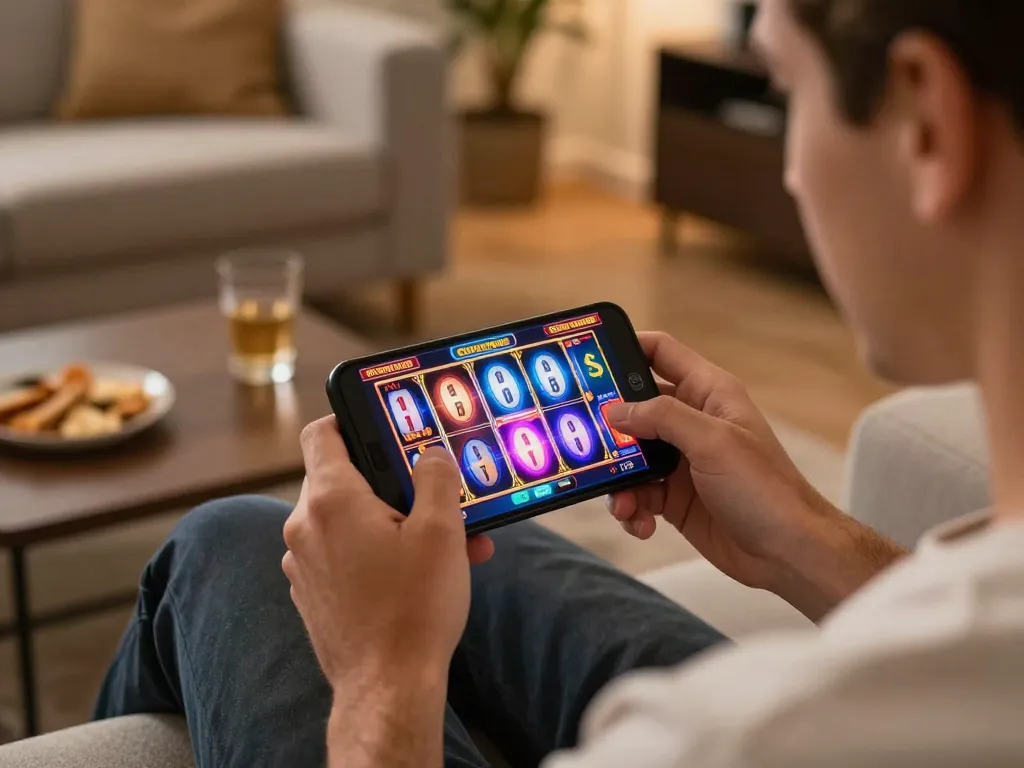 Engaged player using the 58wiin app on smartphone for exciting slot gameplay from the comfort of home.
