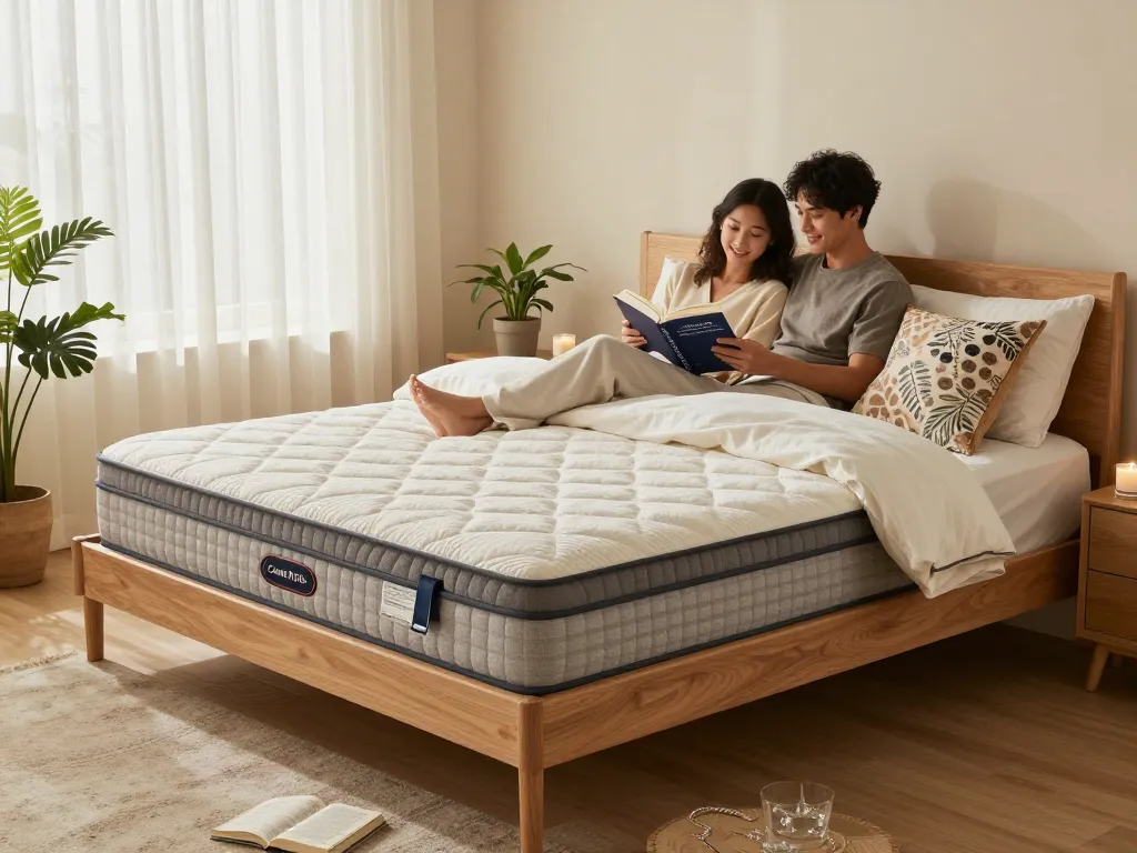 Couple enjoying comfort on a hybrid mattress in a cozy bedroom setting.