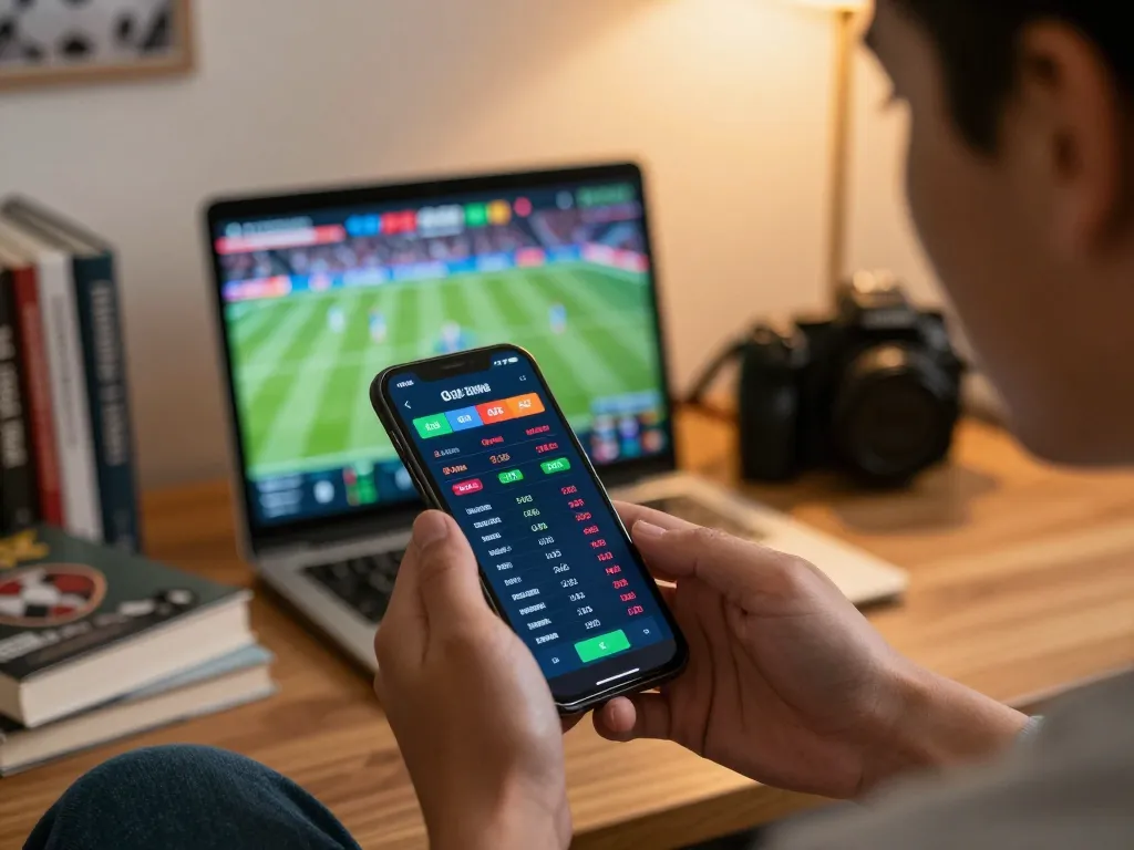 mm88 player analyzing sports betting odds on smartphone during a home game.