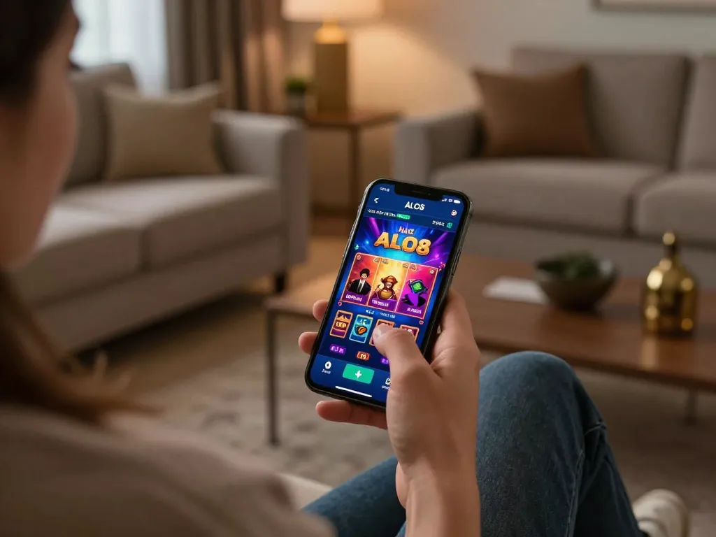 Alo8 player engaging in mobile casino gaming with vibrant graphics on their smartphone