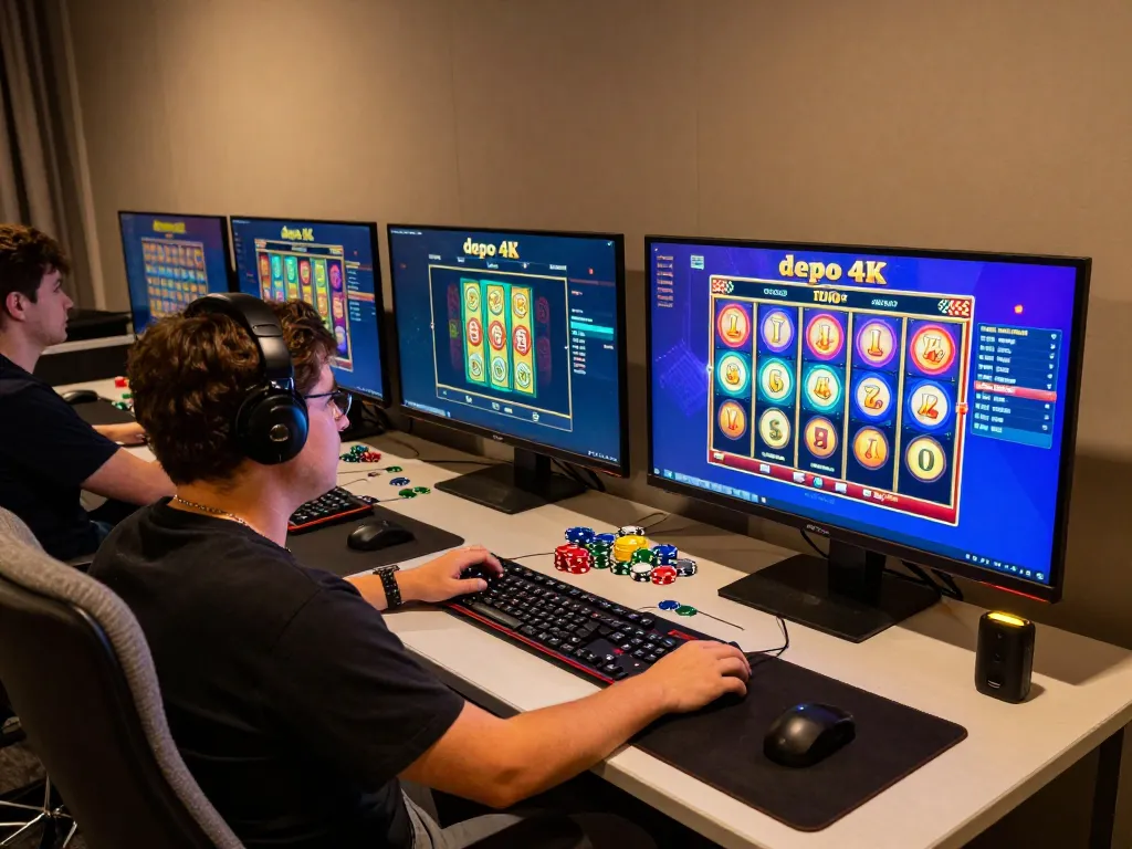 Player engaging with innovative slot depo 4k game on multiple screens in a vibrant online casino setting