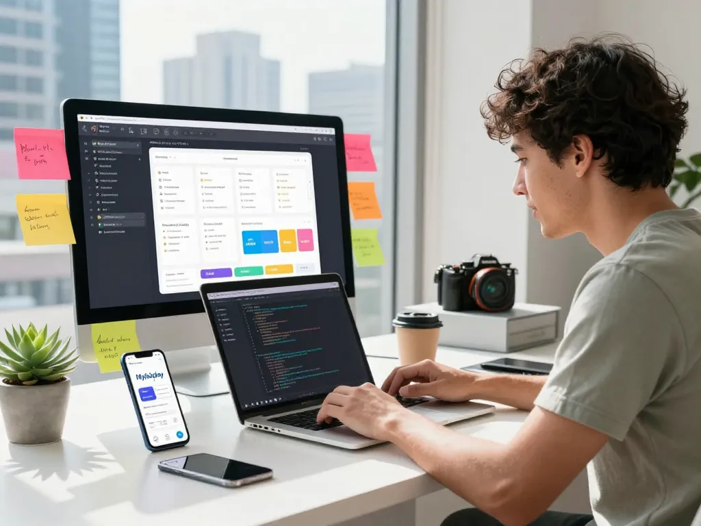 Myfairplay app download showcased in a lively tech workspace, with a developer coding and app interface visible.