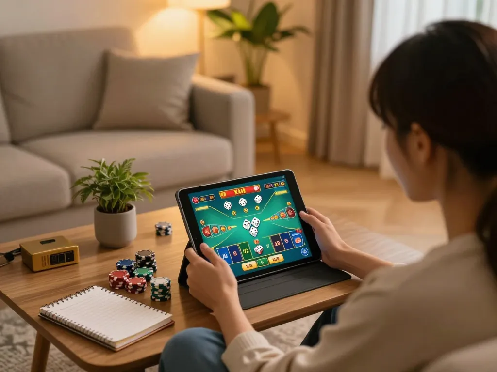 Tài Xỉuonline8 player enjoying engaging gameplay on tablet in a cozy home setting with strategic notes.