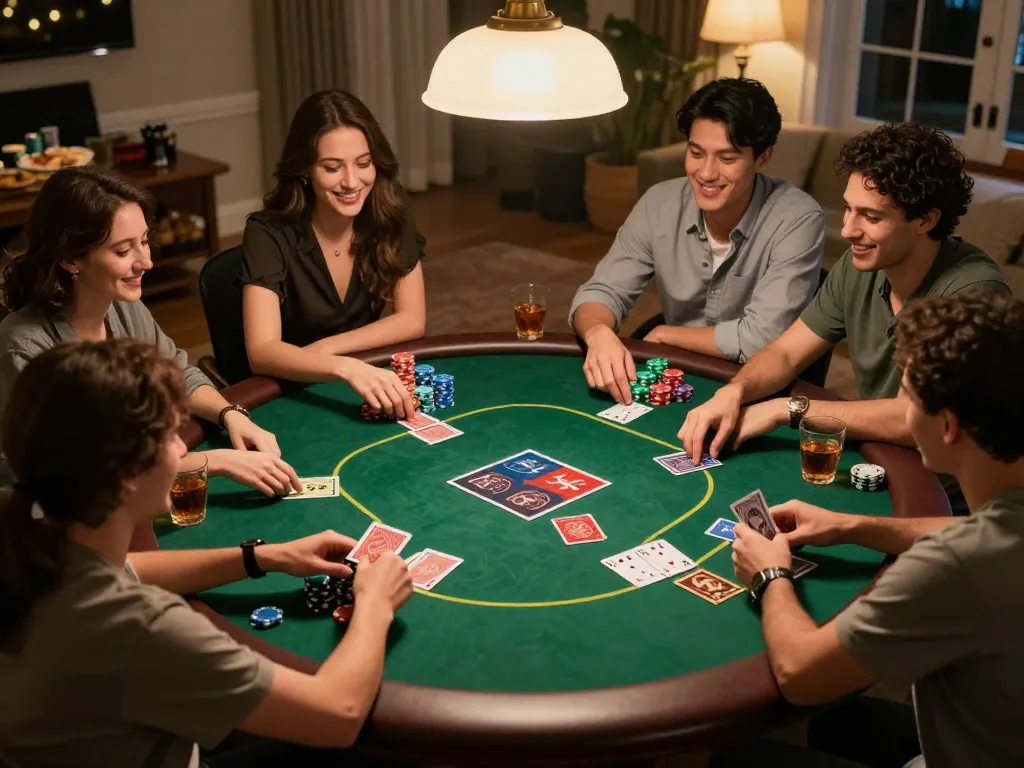 Exciting home poker night captures friends playing at Trang Chủ FB88, chips and cards in action creating a lively atmosphere.
